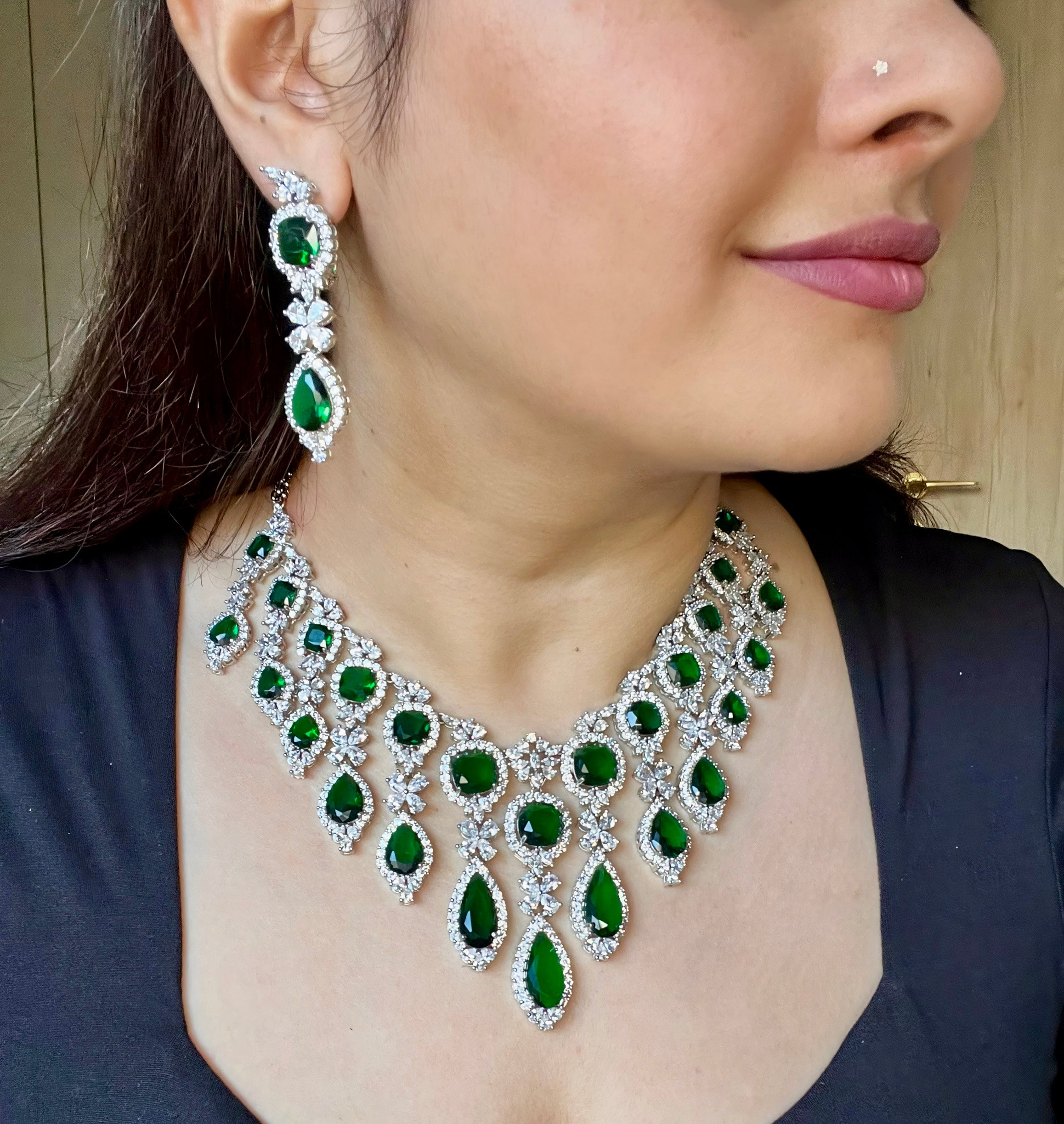 Green Silver Plated Faux Diamond Necklace Set - CZGRN1002
