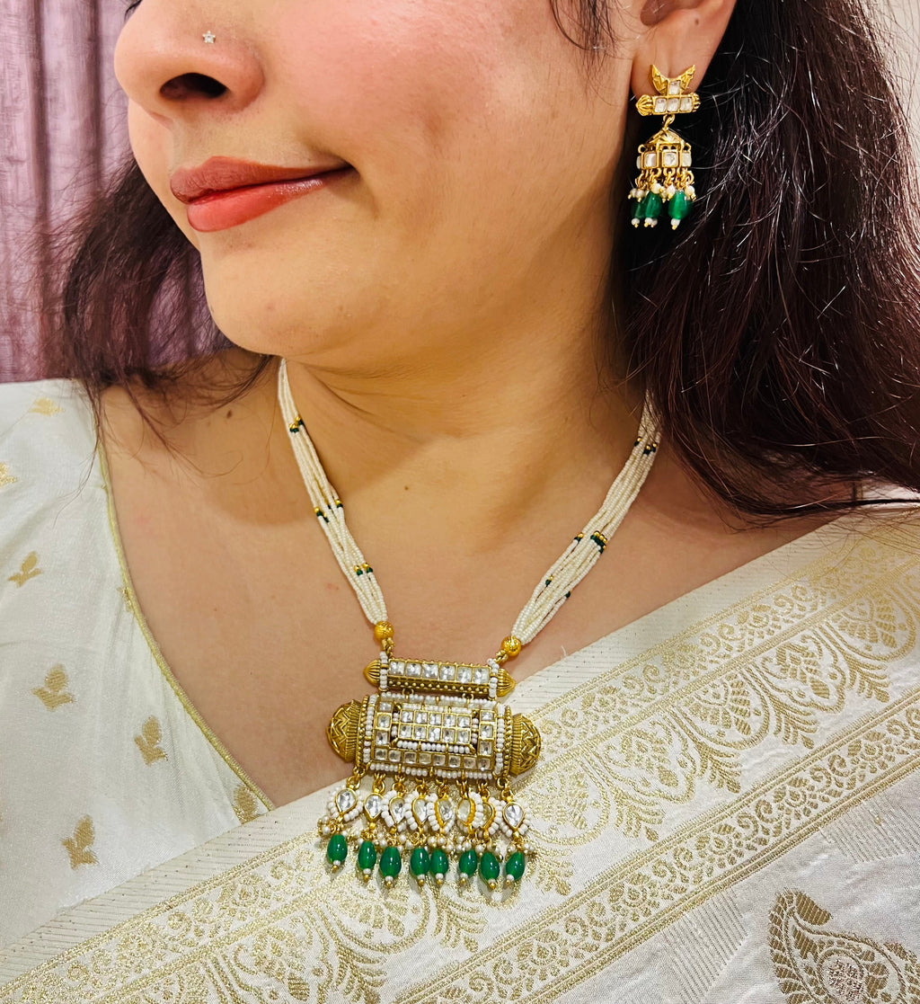 Green Color Gold Plated Jadau Kundan Necklace set MJS2002