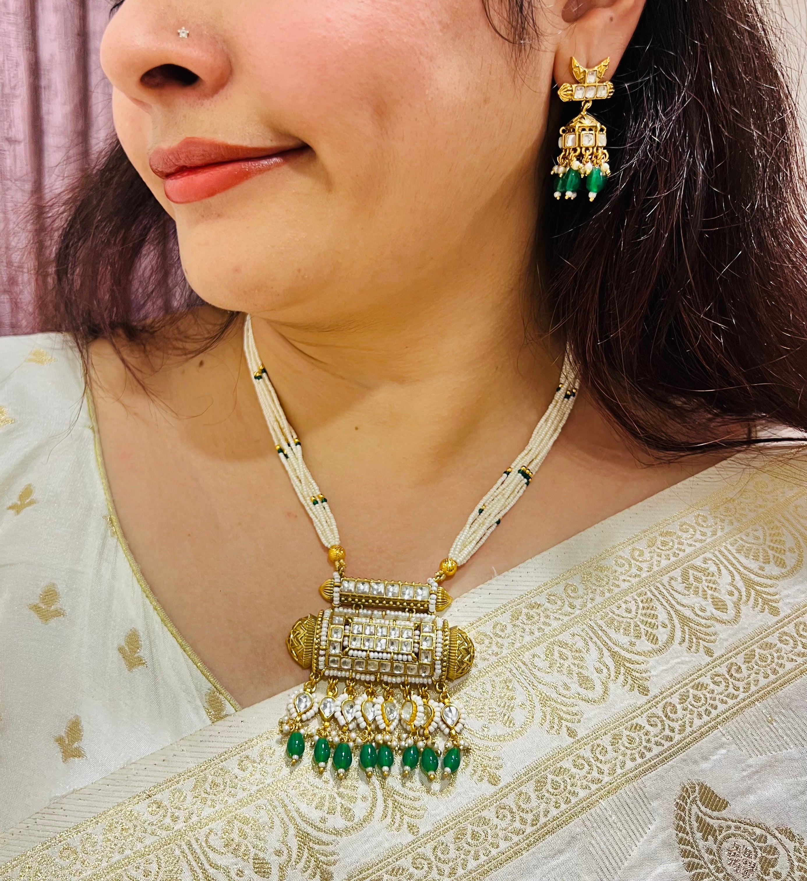 Green Color Gold Plated Jadau Kundan Necklace set MJS2002