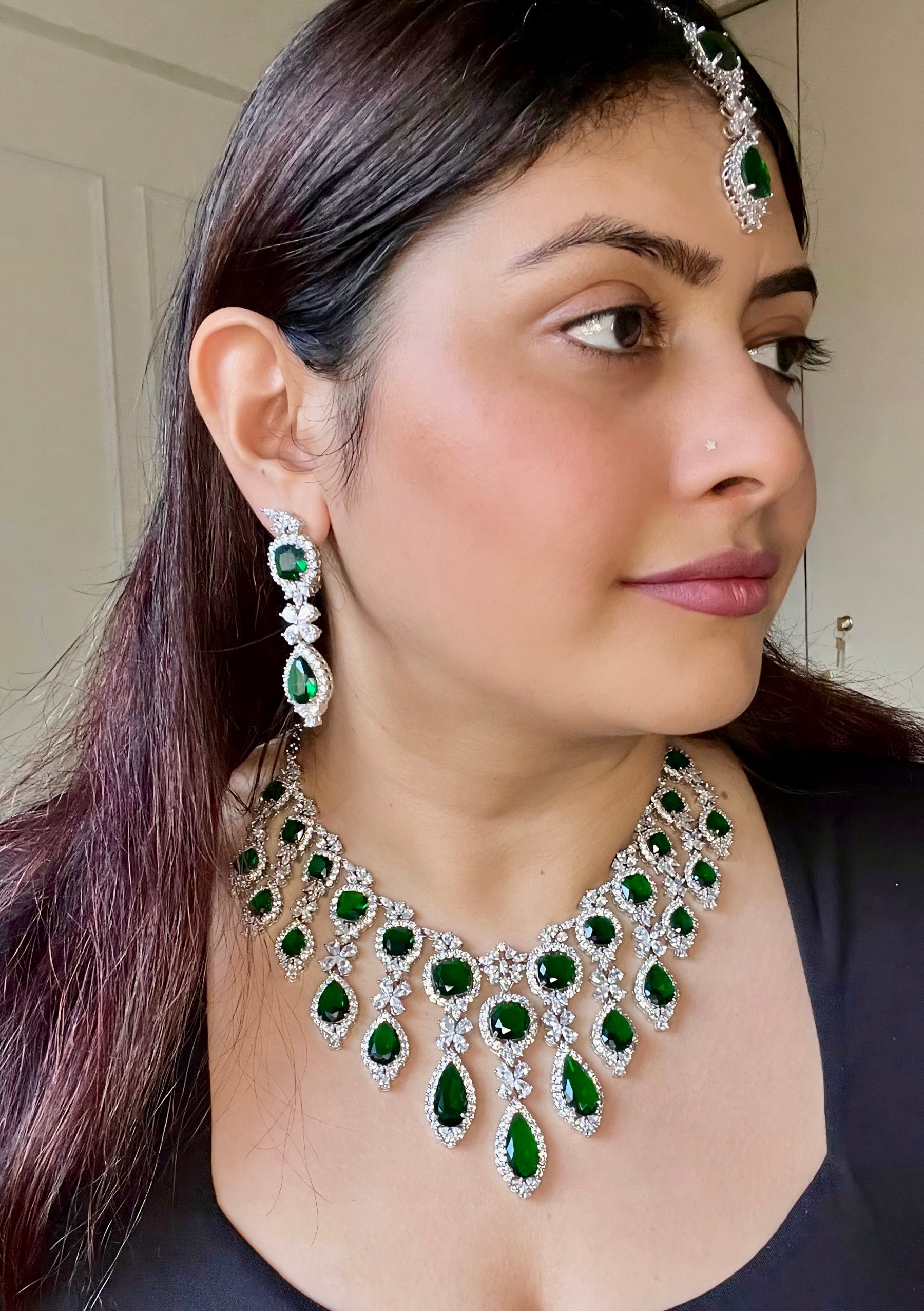 Green Silver Plated Faux Diamond Necklace Set - CZGRN1002
