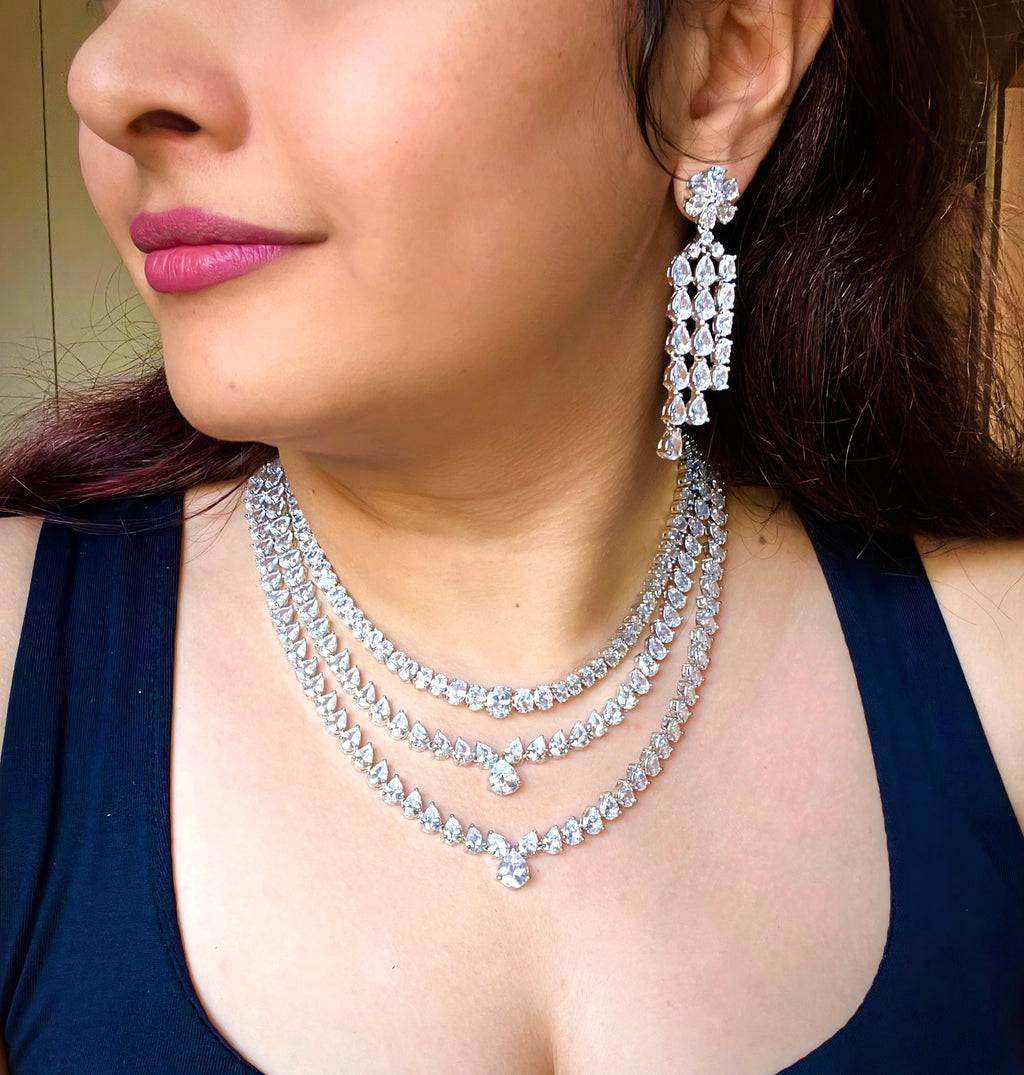 White Silver Plated Faux Diamond Necklace Set -CZW1001