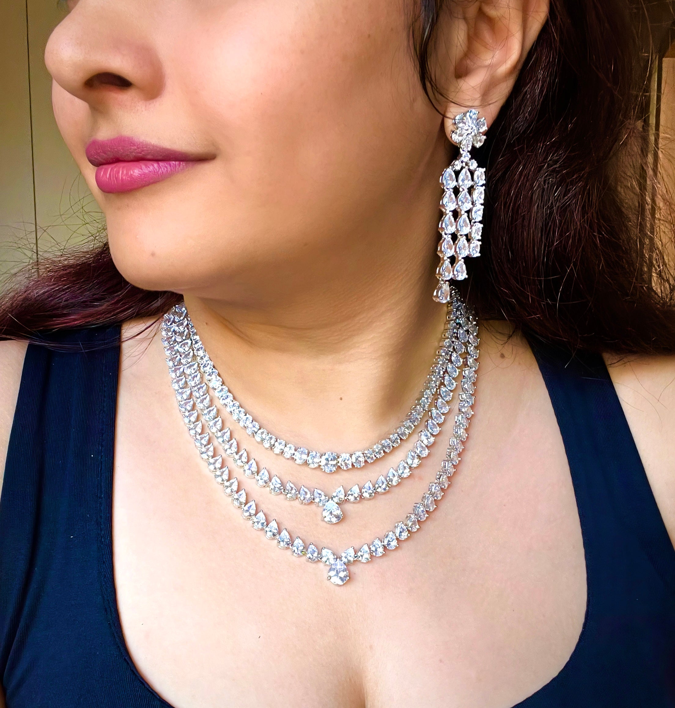 White Silver Plated Faux Diamond Necklace Set -CZW1001