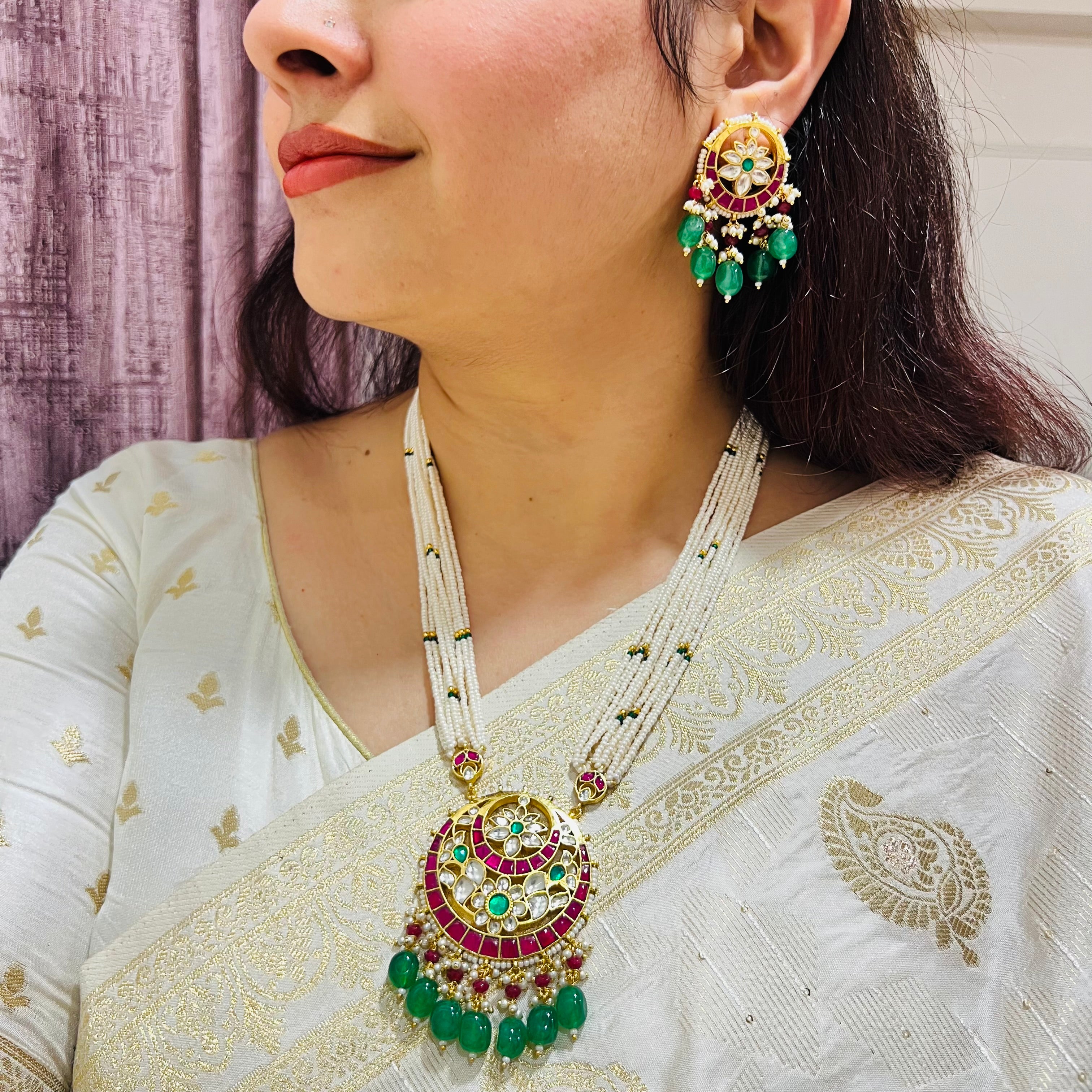 Multicolor Gold Plated Jadau Kundan Necklace Set -MJS2003