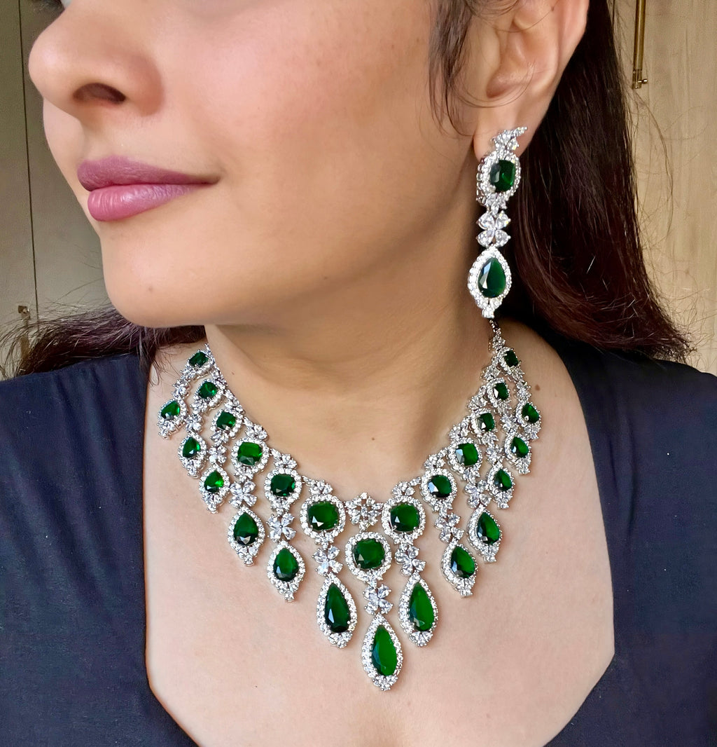 Green Silver Plated Faux Diamond Necklace Set - CZGRN1002