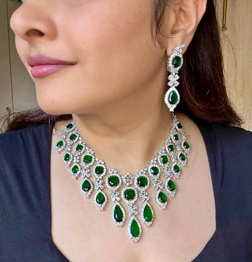 Green Silver Plated Faux Diamond Necklace Set - CZGRN1002