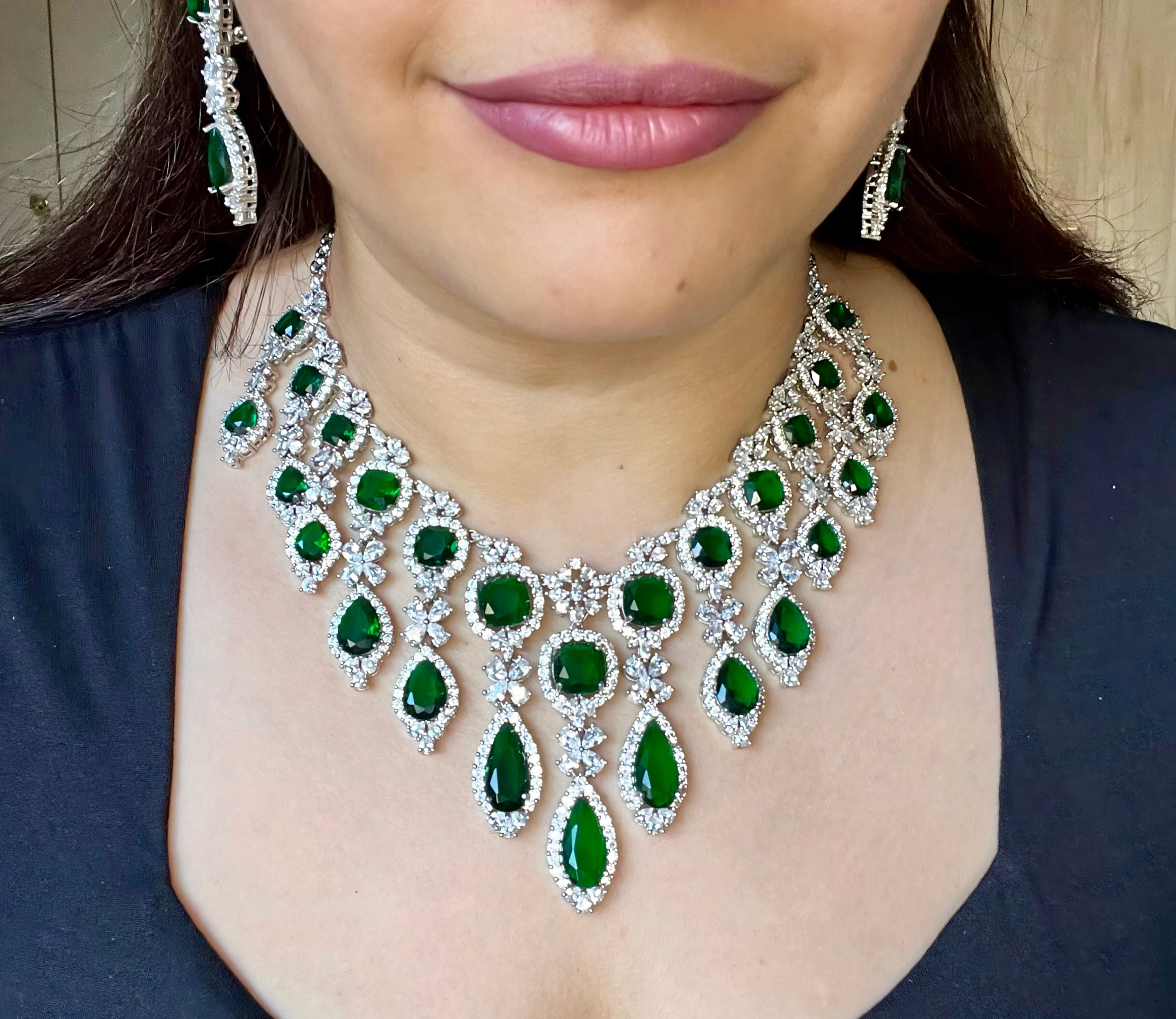 Green Silver Plated Faux Diamond Necklace Set - CZGRN1002