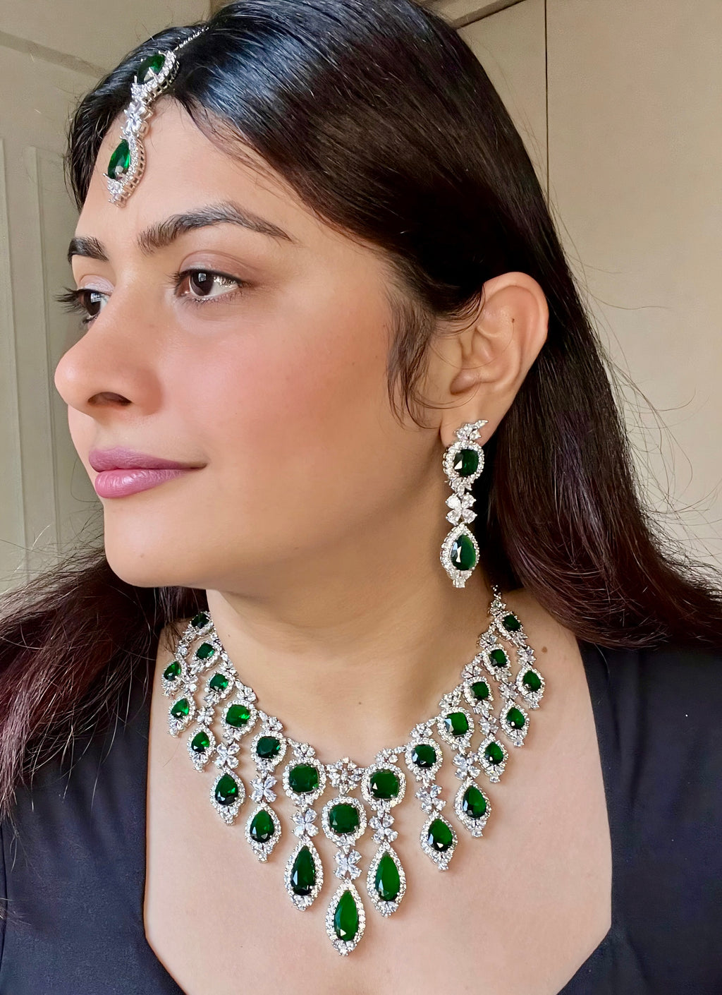 Green Silver Plated Faux Diamond Necklace Set - CZGRN1002