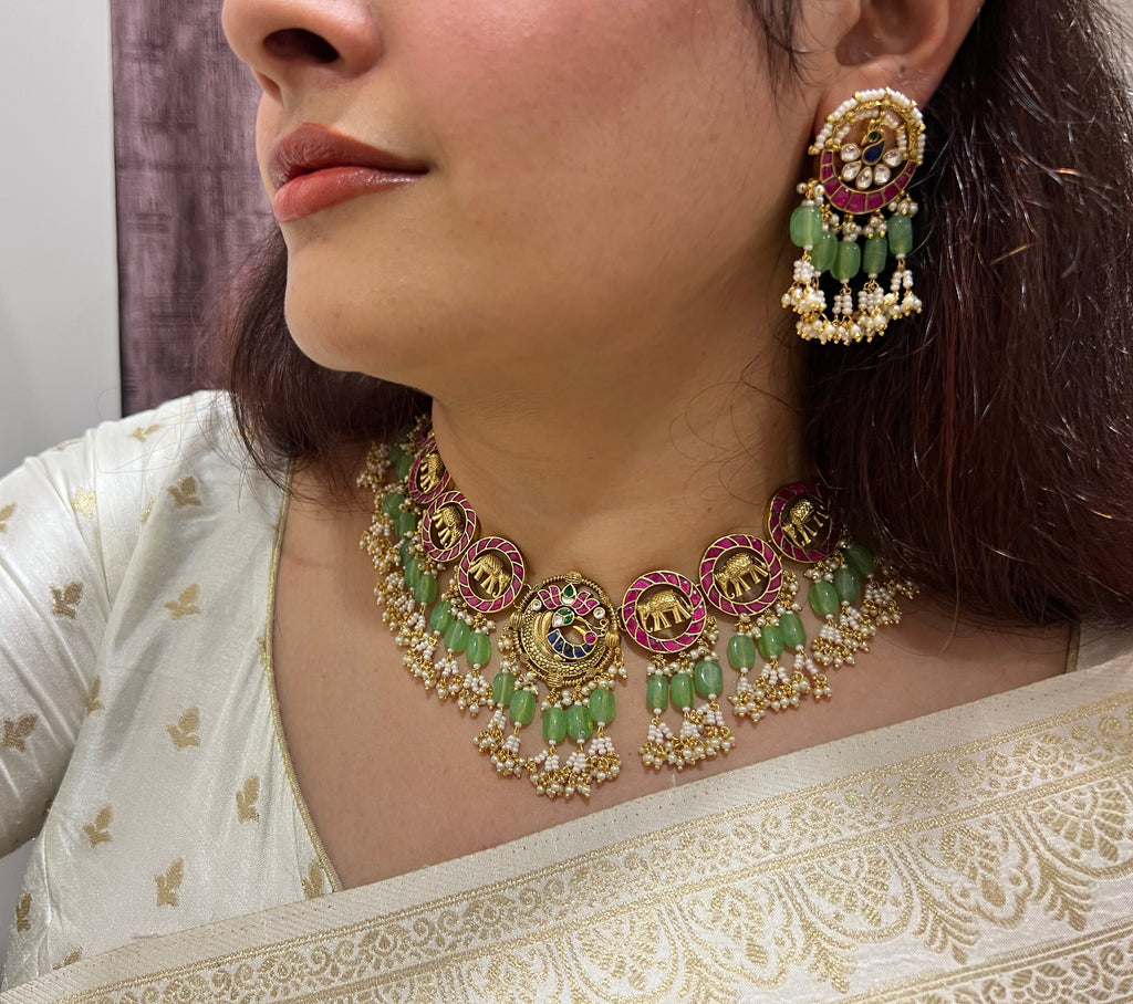 Multicolor Gold Plated Jadau Kundan Necklace Set - MJS2001