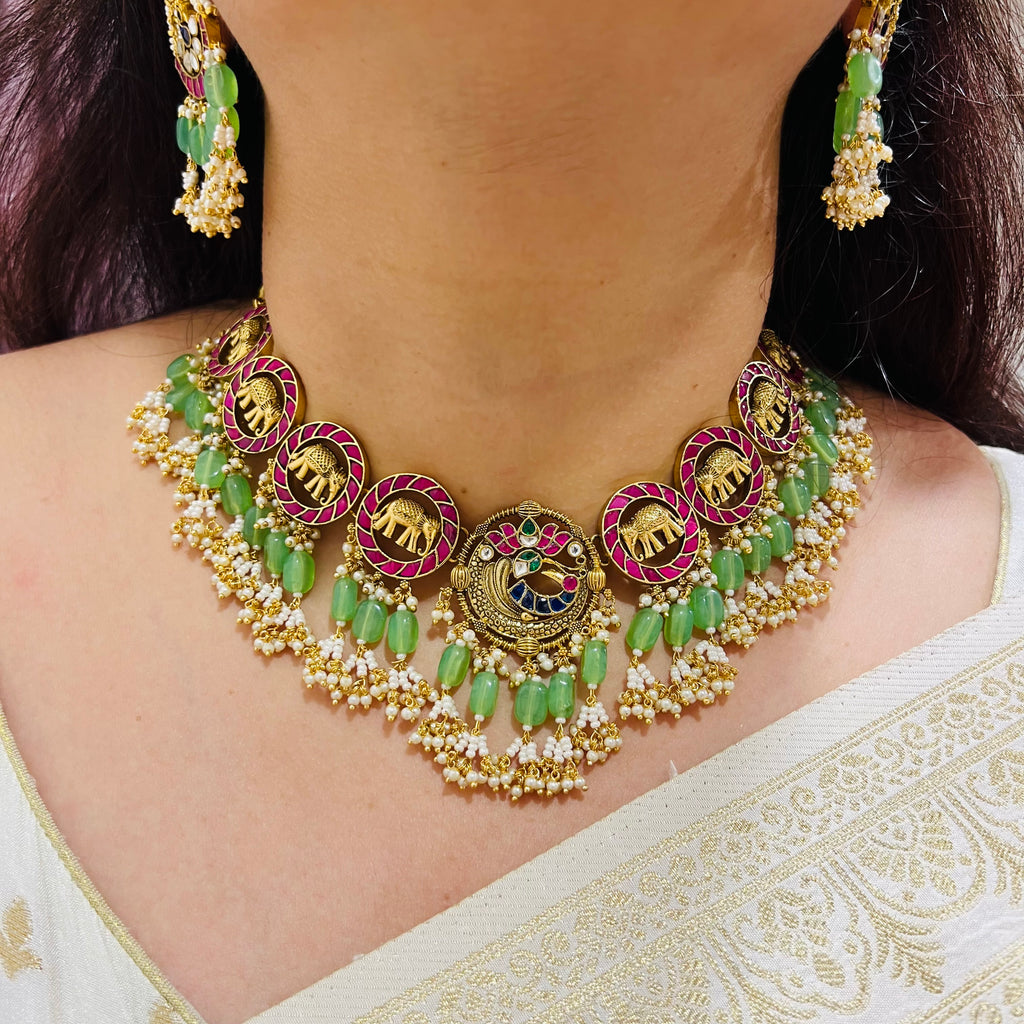 Multicolor Gold Plated Jadau Kundan Necklace Set - MJS2001
