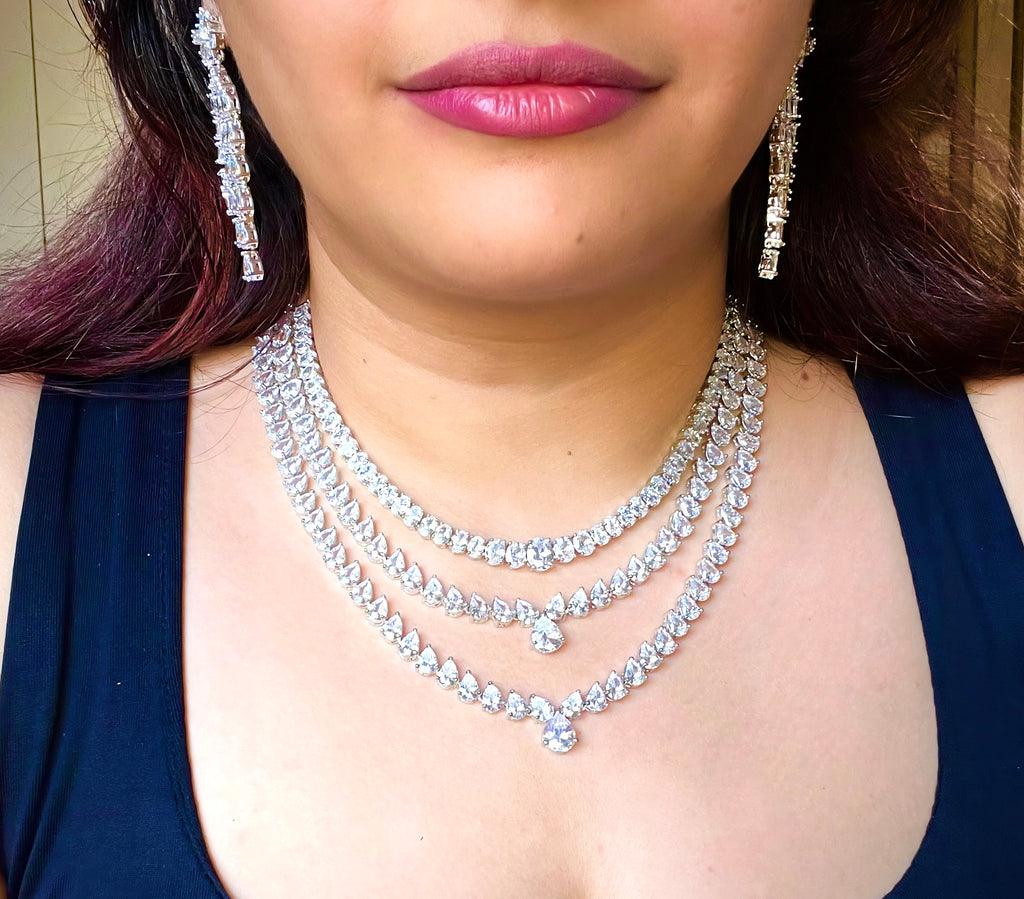 White Silver Plated Faux Diamond Necklace Set -CZW1001
