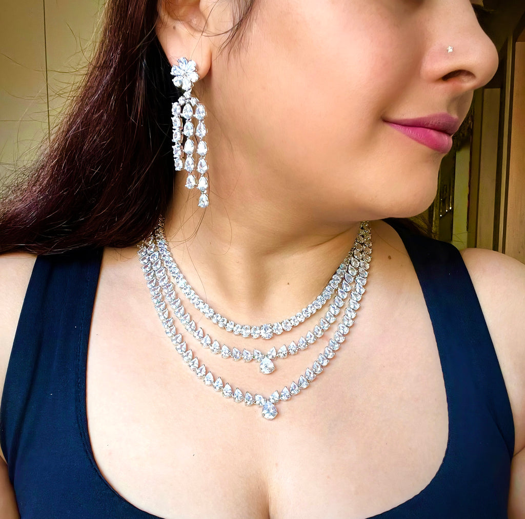 White Silver Plated Faux Diamond Necklace Set -CZW1001