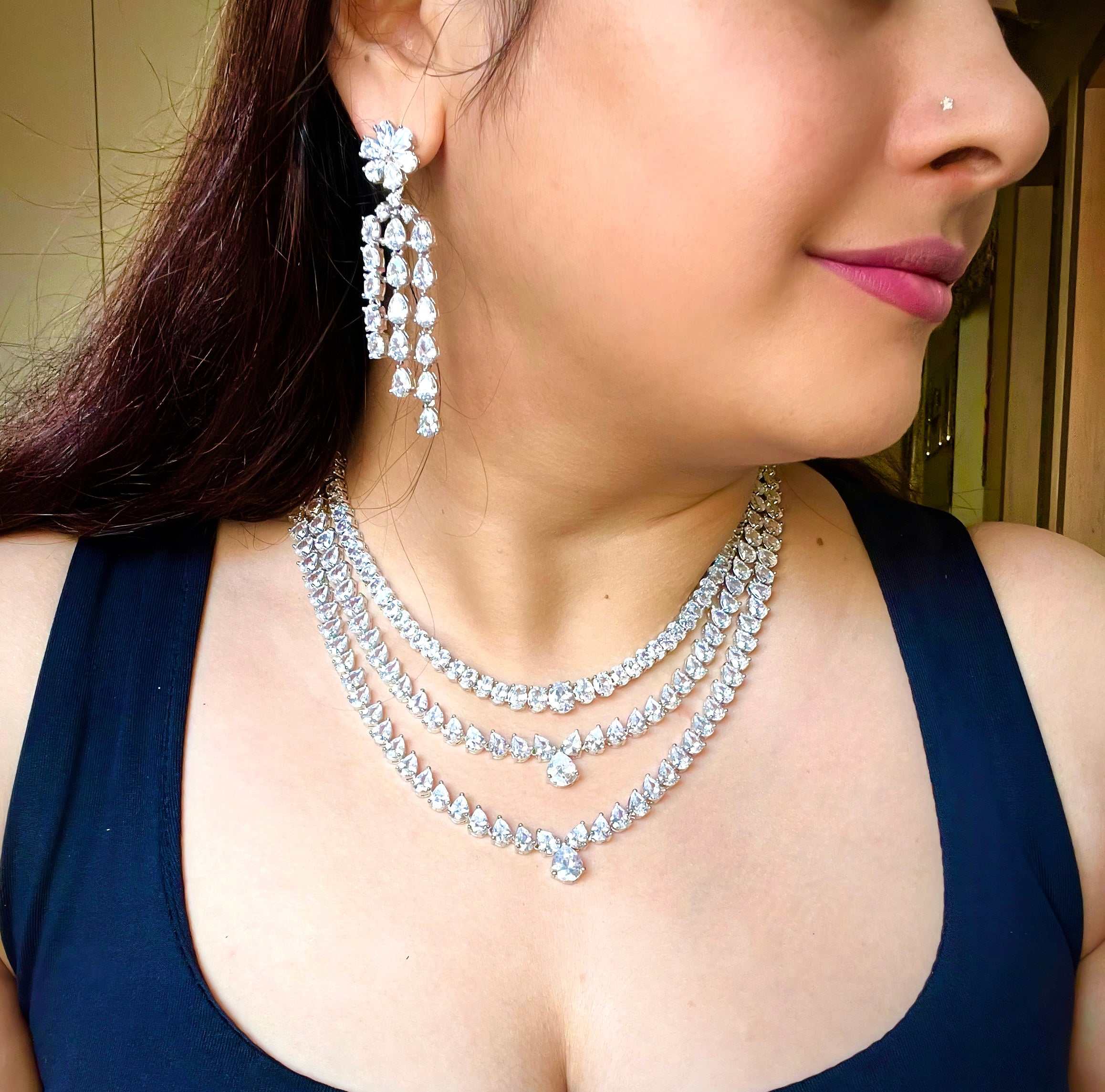 White Silver Plated Faux Diamond Necklace Set -CZW1001